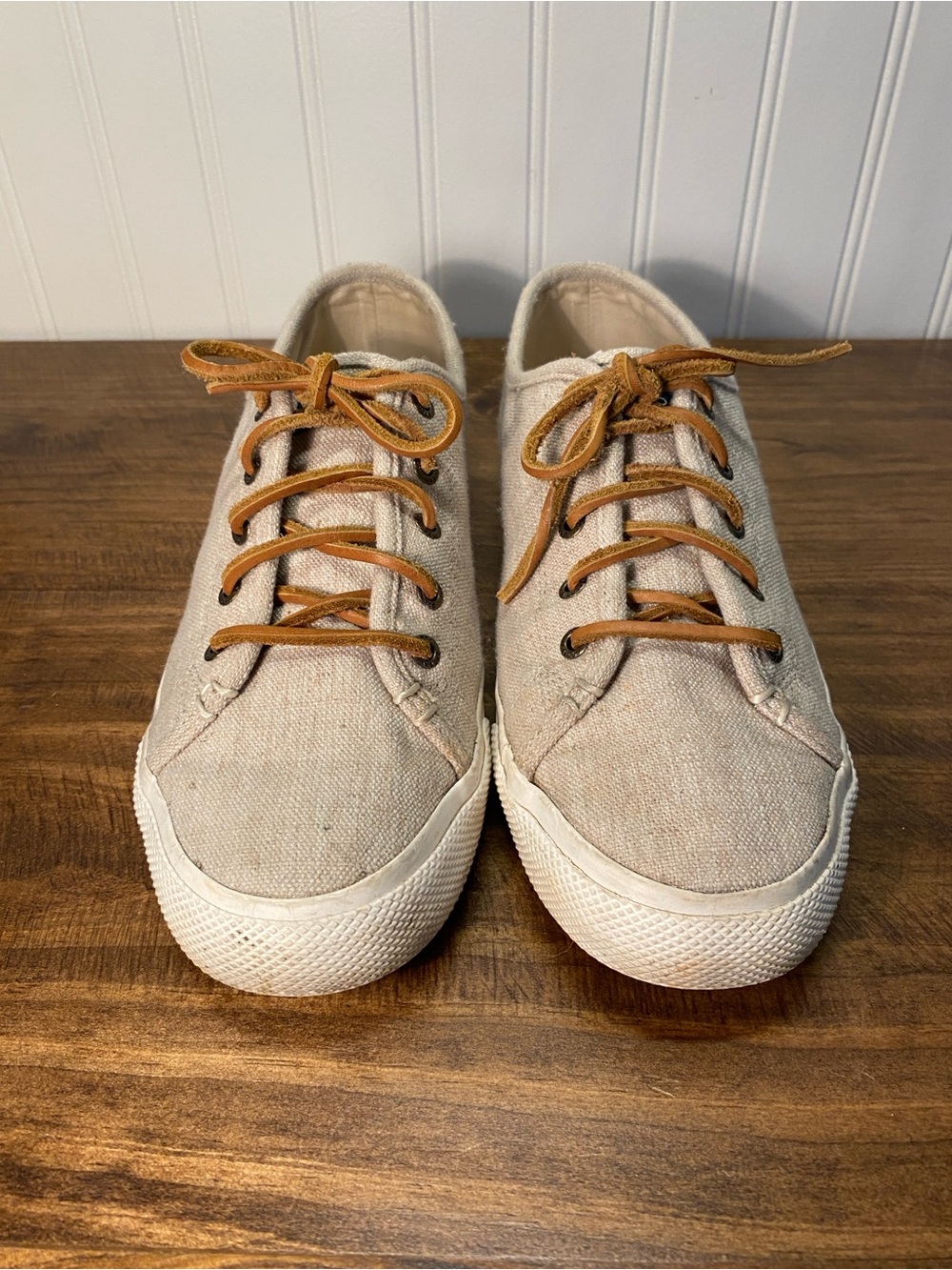 Sperry Canvas Sneakers in Beige with Brown Leather Laces - Women’s Size 9